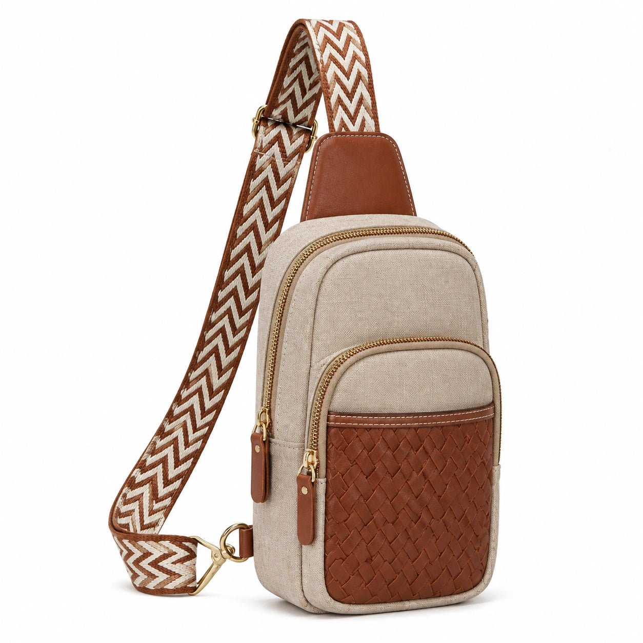Borsa a tracolla 18 x 8 x 30 cm in tessuto beige e marrone con tasche zip stile intrecciato