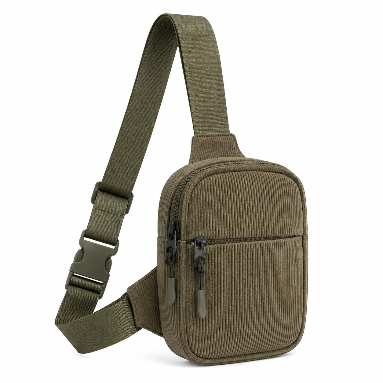 Borsa a tracolla 16 x 6 x 28 cm in tessuto a coste verde oliva con tracolla regolabile