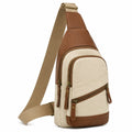 Borsa a tracolla 18 x 8 x 32 cm in tela beige e similpelle marrone con tasche zip