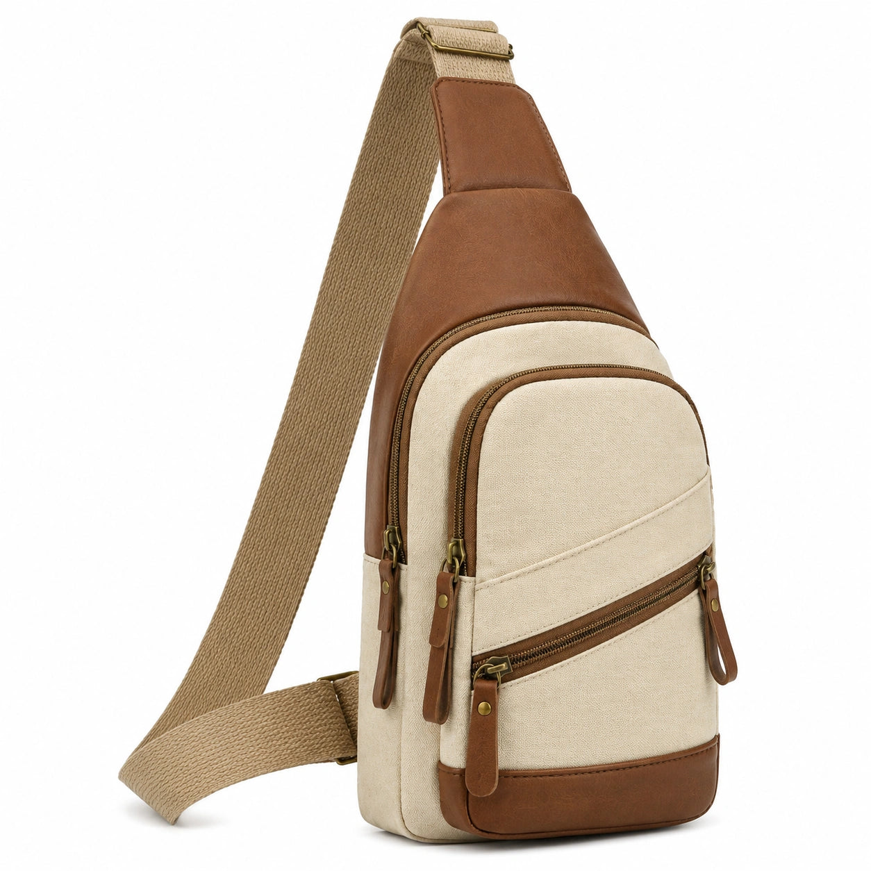 Borsa a tracolla 18 x 8 x 32 cm in tela beige e similpelle marrone con tasche zip