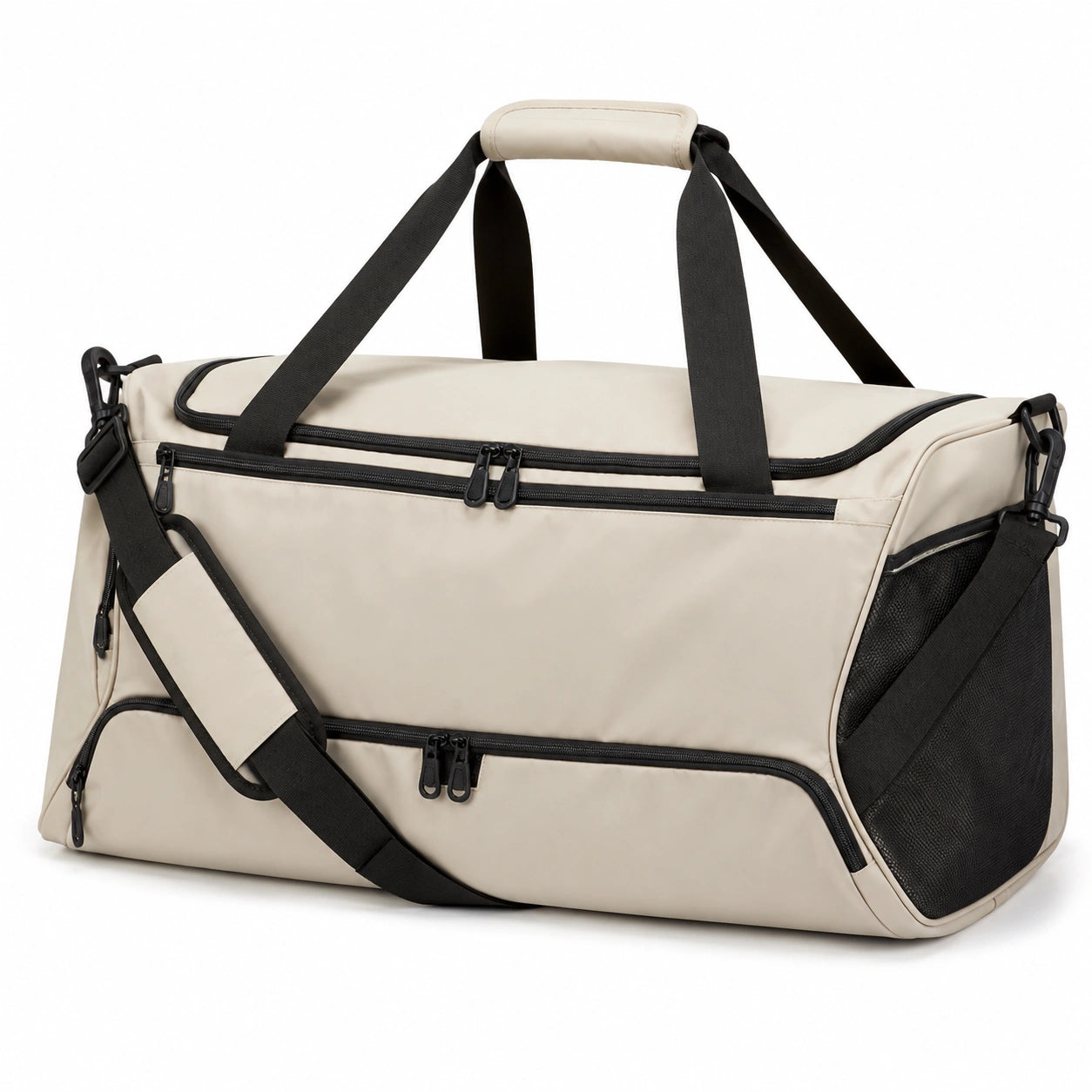 Borsone sportivo 55 x 28 x 30 cm in tessuto sintetico beige e nero con tracolla regolabile