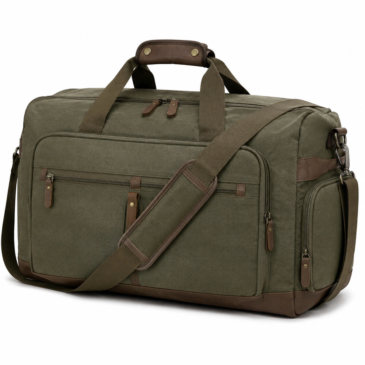 Borsone da viaggio 55 x 28 x 30 cm in tela verde oliva con finiture marroni e tracolla rimovibile