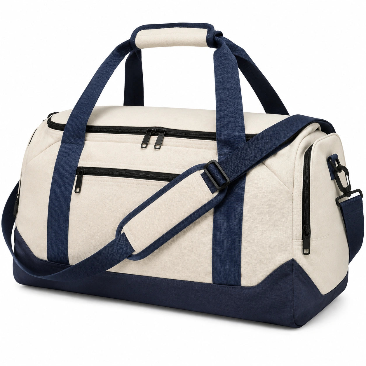 Borsone da viaggio 50 x 25 x 28 cm in tessuto beige e blu con tracolla regolabile