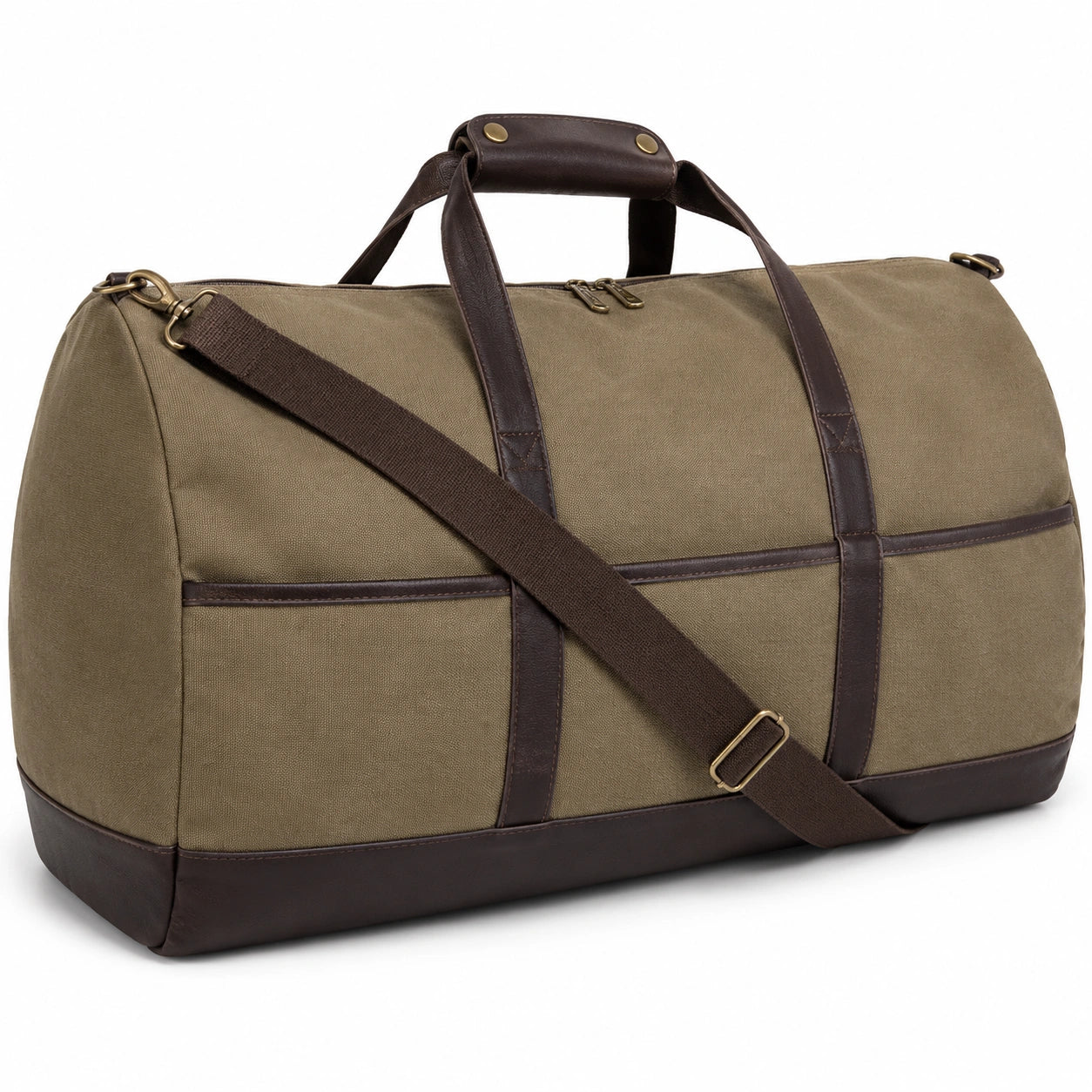 Borsone da viaggio 55 cm in tela verde oliva e similpelle marrone con tracolla regolabile