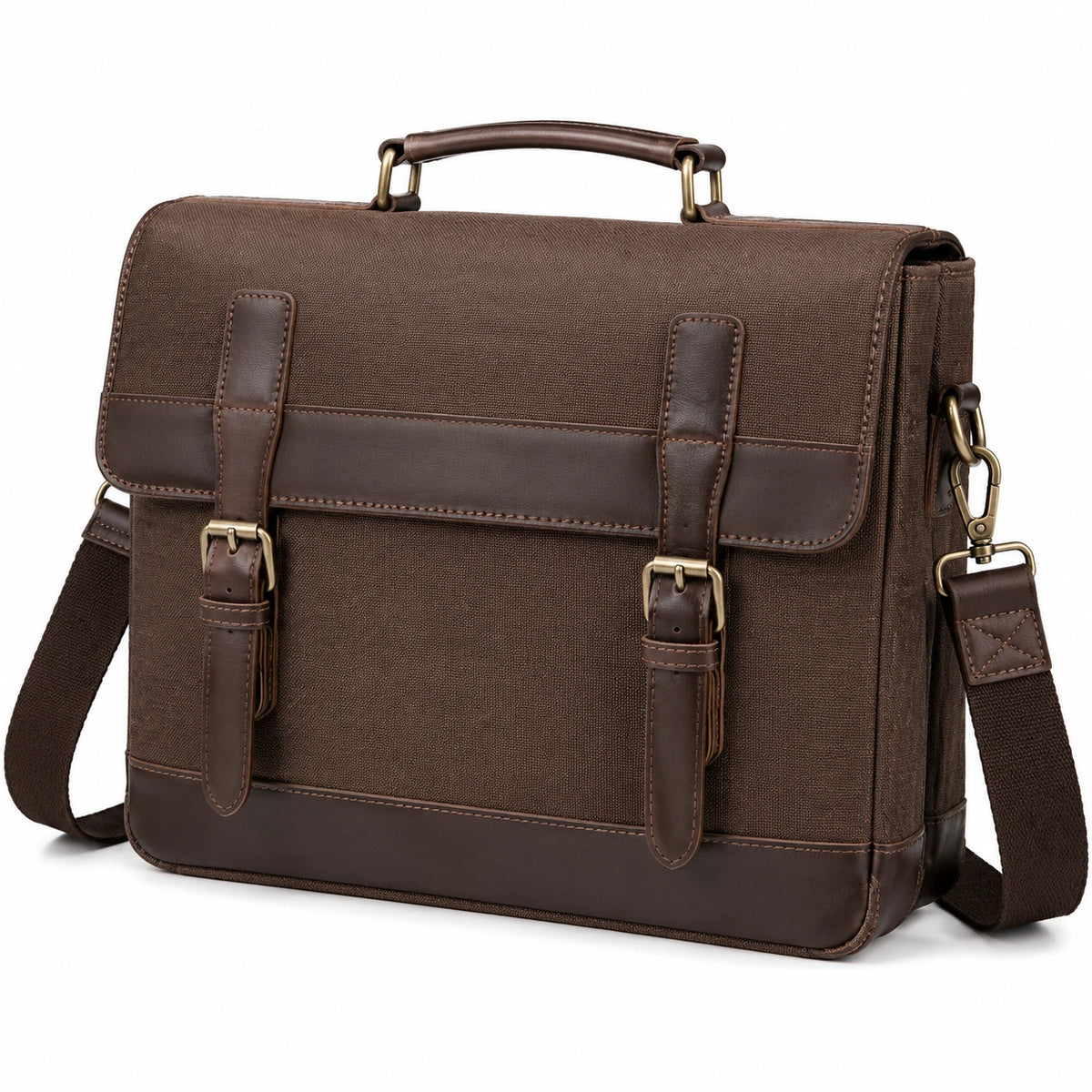Borsa portadocumenti 40 x 12 x 30 cm in tela marrone con inserti effetto pelle - stile vintage a tracolla