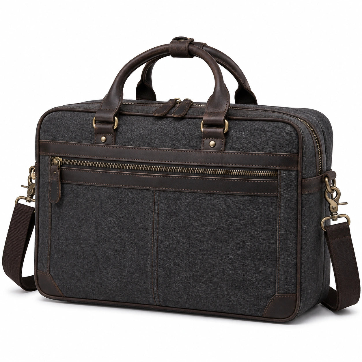 Borsa porta laptop 42 cm in tessuto grigio scuro e finiture marroni con tracolla