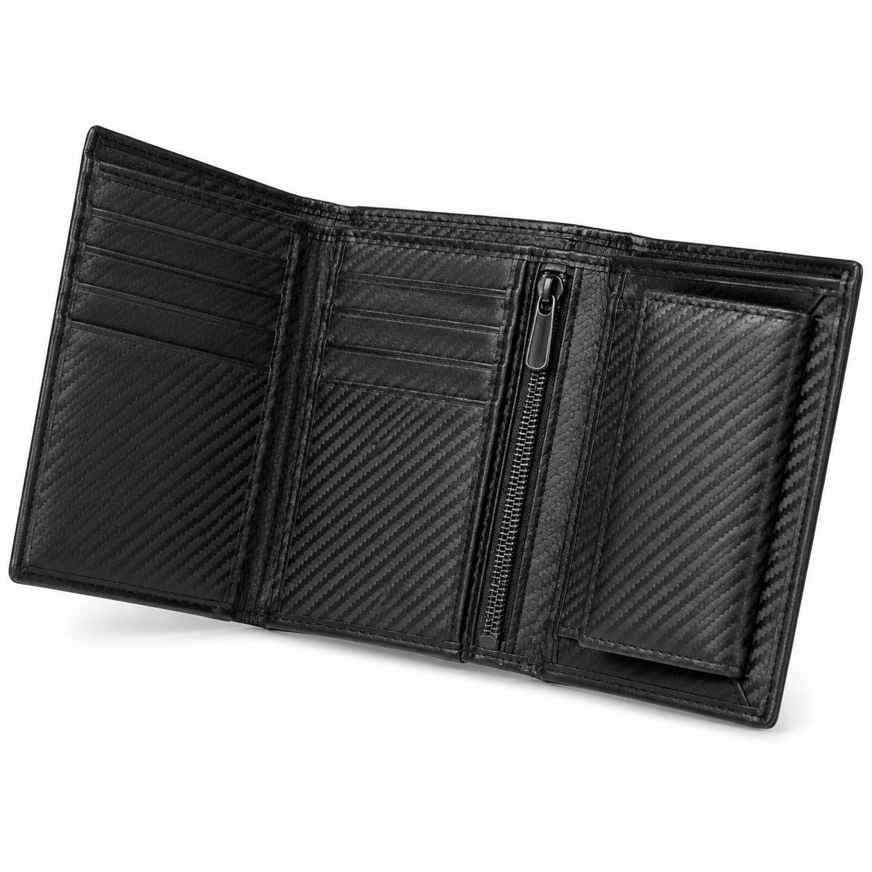 Portafoglio uomo 12 x 9.5 cm in materiale sintetico nero effetto fibra di carbonio con portamonete