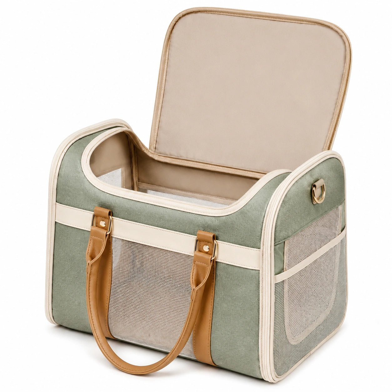 Borsa trasportino per animali 45 x 28 x 30 cm in tessuto verde salvia e rete con manici
