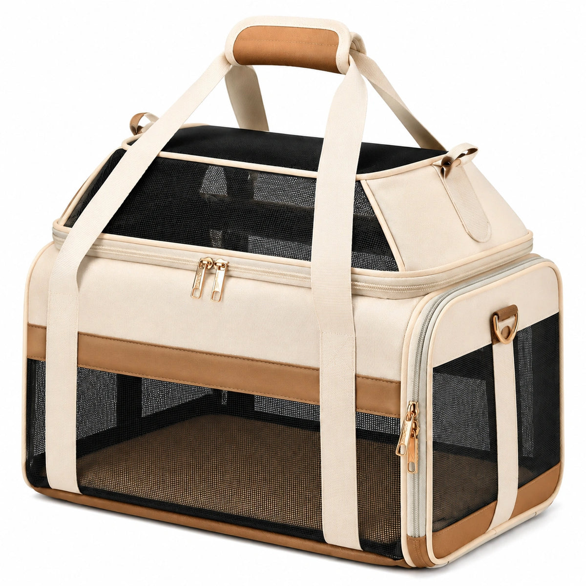 Trasportino per animali 45 x 30 x 30 cm in tessuto beige e marrone con rete ventilata pieghevole