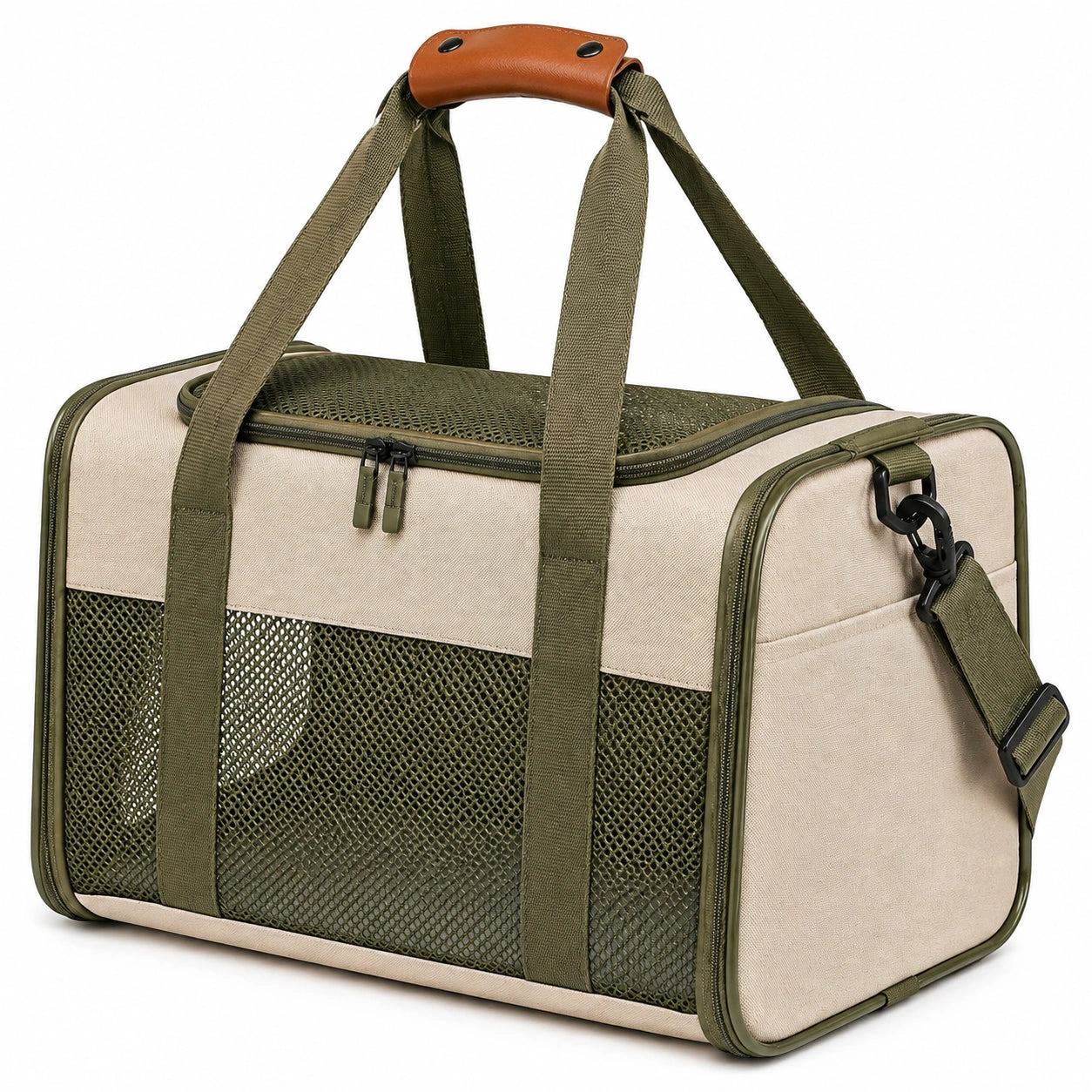 Borsa trasportino per animali 45 x 30 x 30 cm in tessuto beige e rete verde oliva con tracolla
