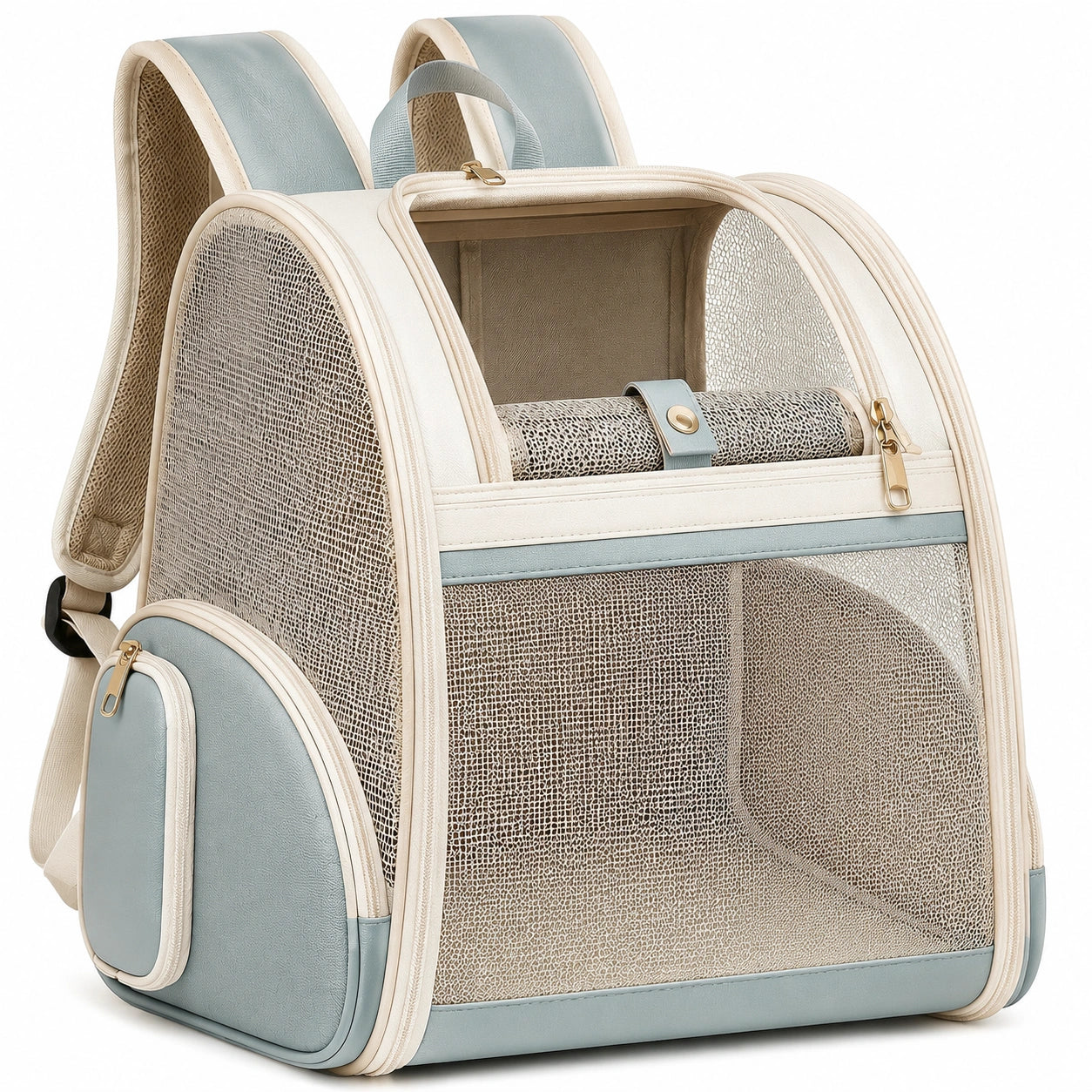 Zaino trasportino per animali 42 x 30 x 45 cm in tessuto beige e azzurro con rete traspirante