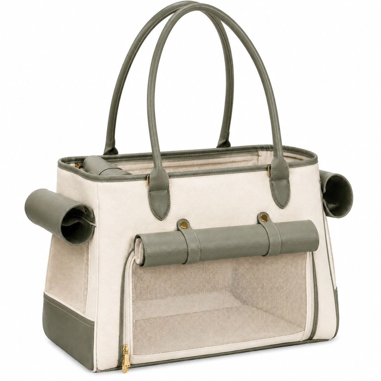Borsa trasportino per animali 45 x 25 x 30 cm in tessuto e similpelle beige verde salvia con rete ventilata