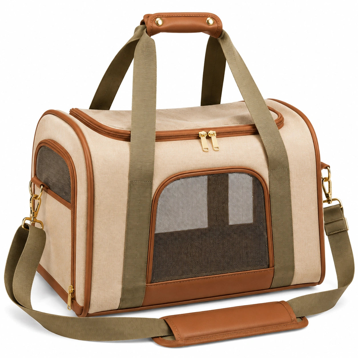 Trasportino per animali 45 x 28 x 30 cm in tessuto beige e marrone con rete stile borsone