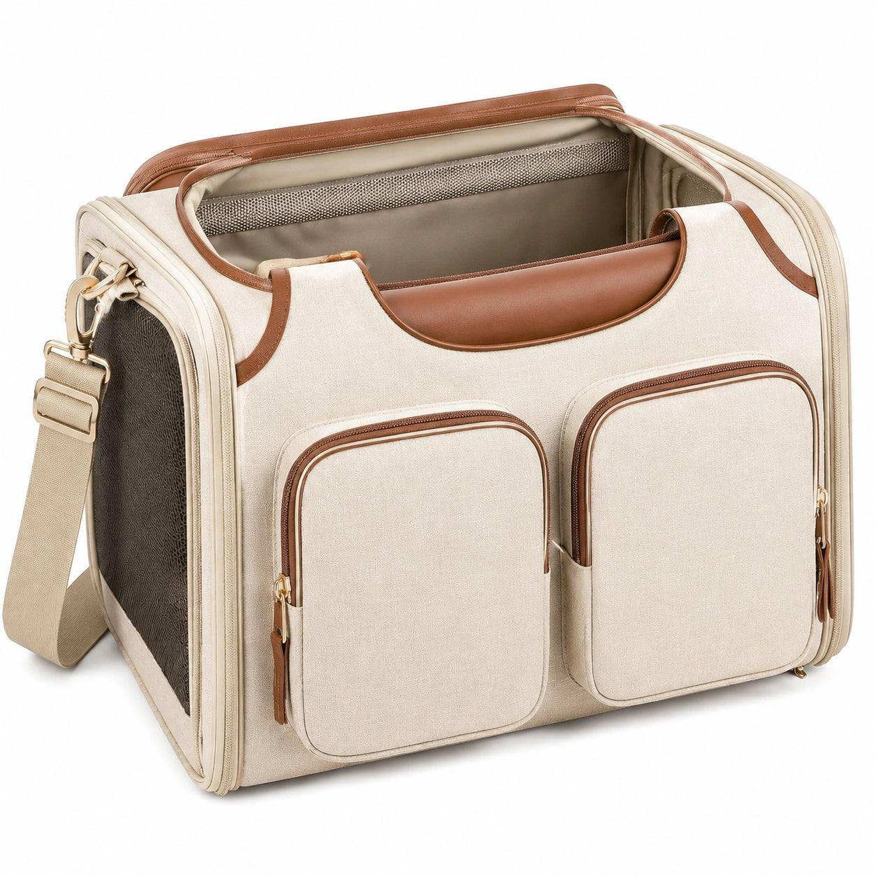 Trasportino per animali 45 x 28 x 30 cm in tessuto beige e marrone con tracolla e tasche