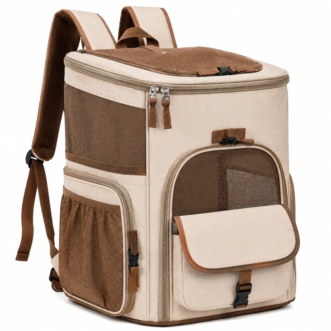Zaino trasportino per animali 42 x 30 x 45 cm in tessuto beige e marrone con rete ventilata