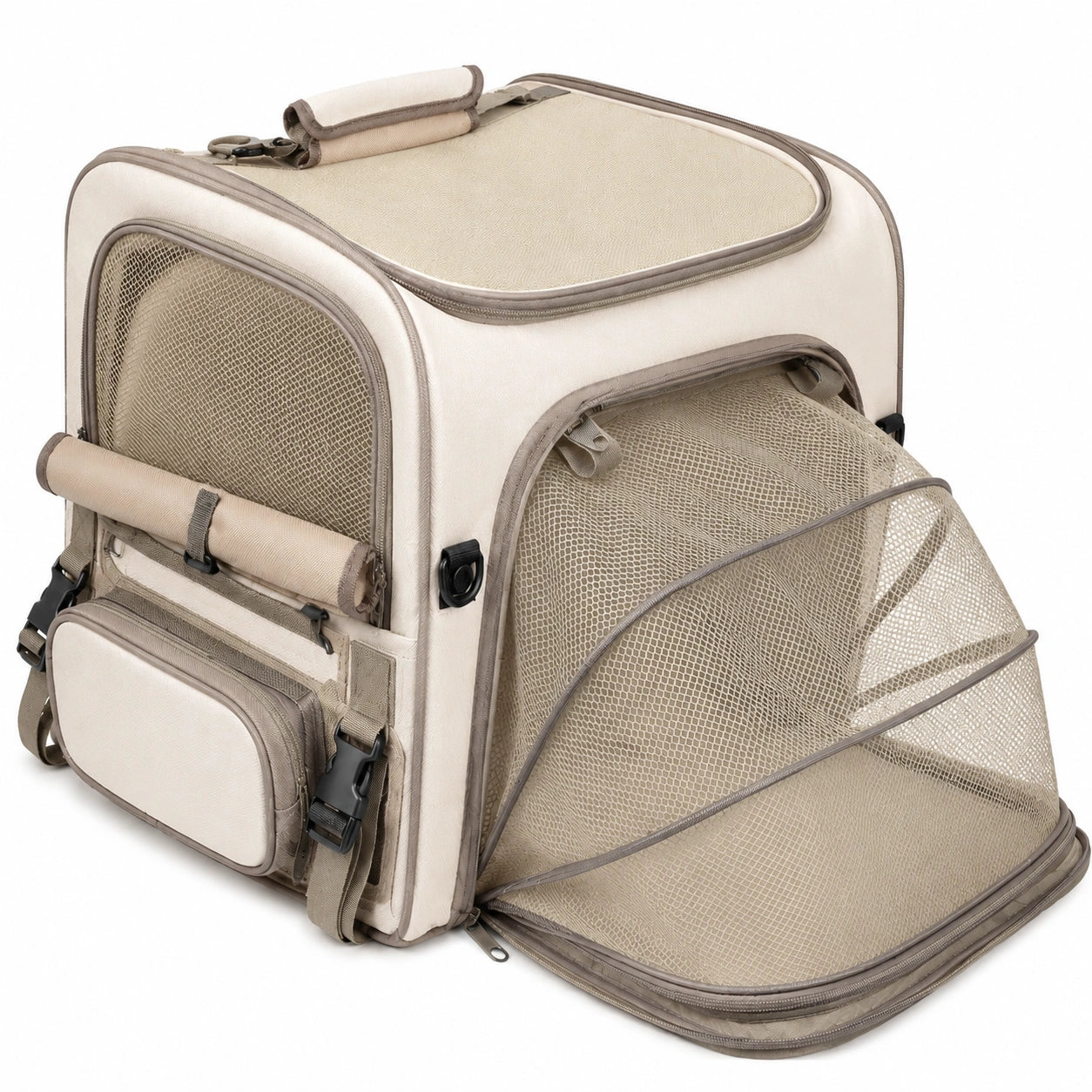 Borsa trasportino per animali 42 x 30 x 40 cm in tessuto beige con rete espandibile