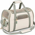 Borsa trasportino per animali 45 x 28 x 30 cm in tessuto beige e verde salvia con rete traspirante