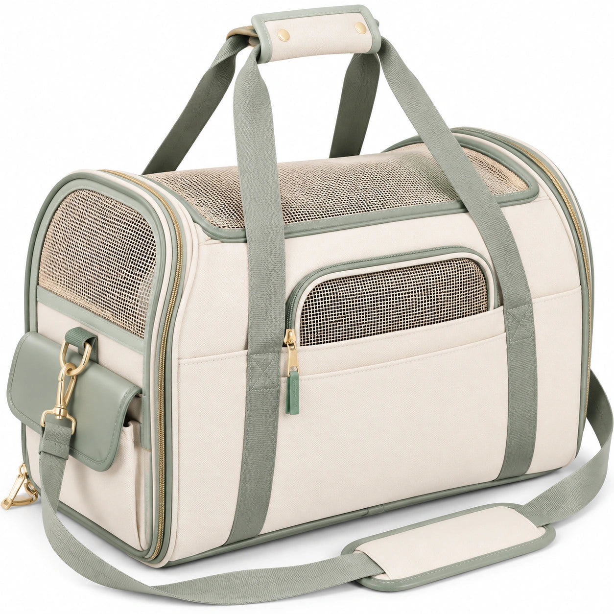 Borsa trasportino per animali 45 x 28 x 30 cm in tessuto beige e verde salvia con rete traspirante