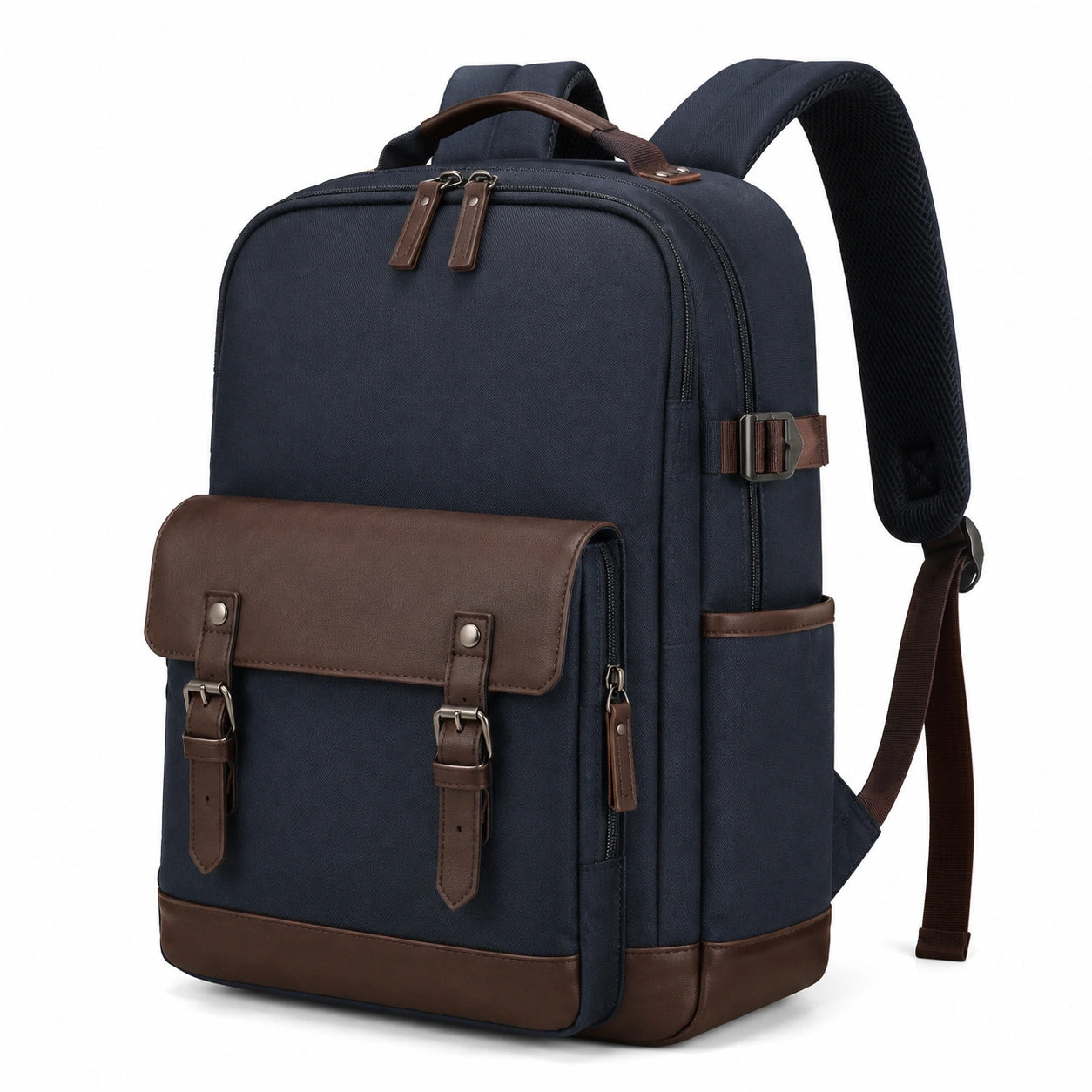 Zaino 42 x 15 x 30 cm in tessuto blu navy e similpelle marrone con tasca frontale