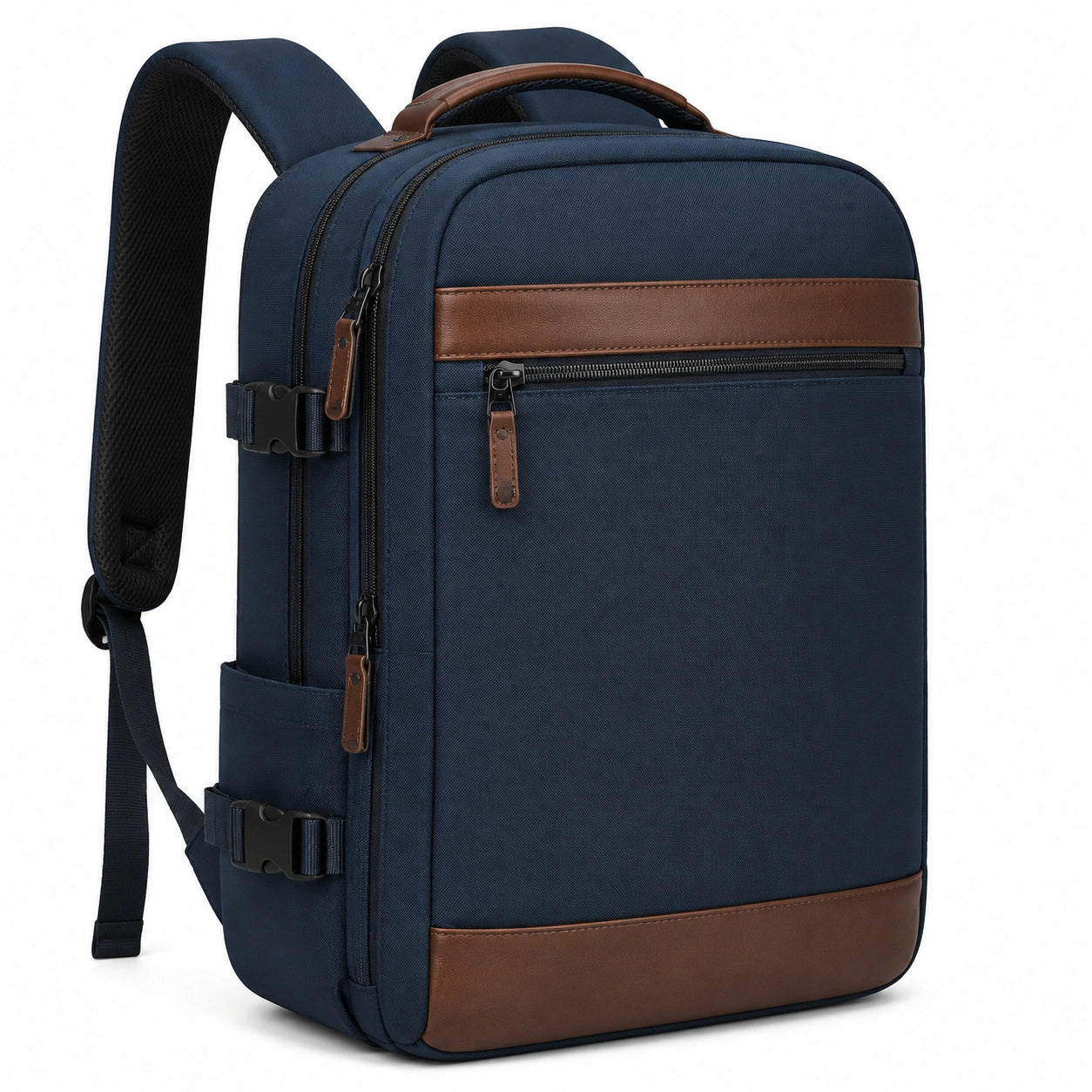 Zaino da viaggio 32 x 18 x 46 cm in tessuto sintetico blu navy e marrone con scomparti multipli