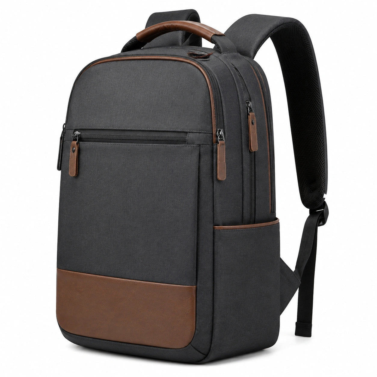 Zaino porta laptop 32 x 15 x 45 cm in tessuto nero e marrone con scomparti e spallacci imbottiti